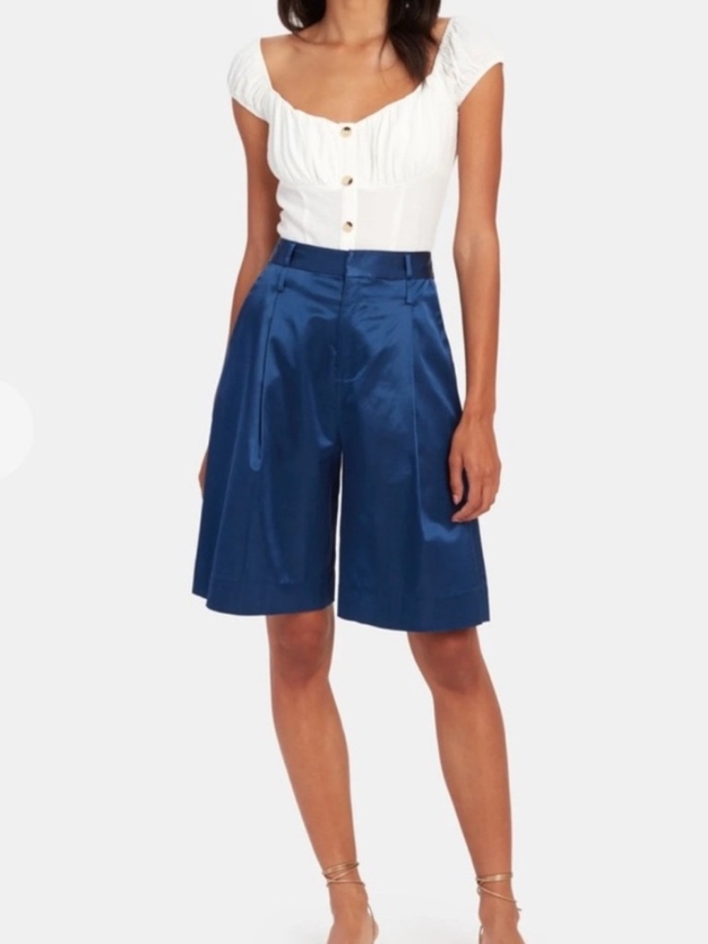 STAUD Blue Satin Bermuda Knee Designer Shorts 2